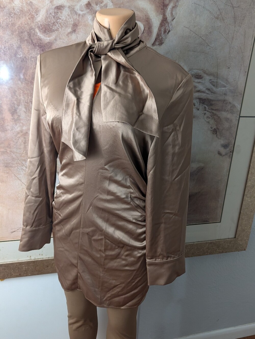 Paris Atelier Other Stories Satin Bow Dress Ruched Mini Taupe Sz 38(Eu) 6(Us)